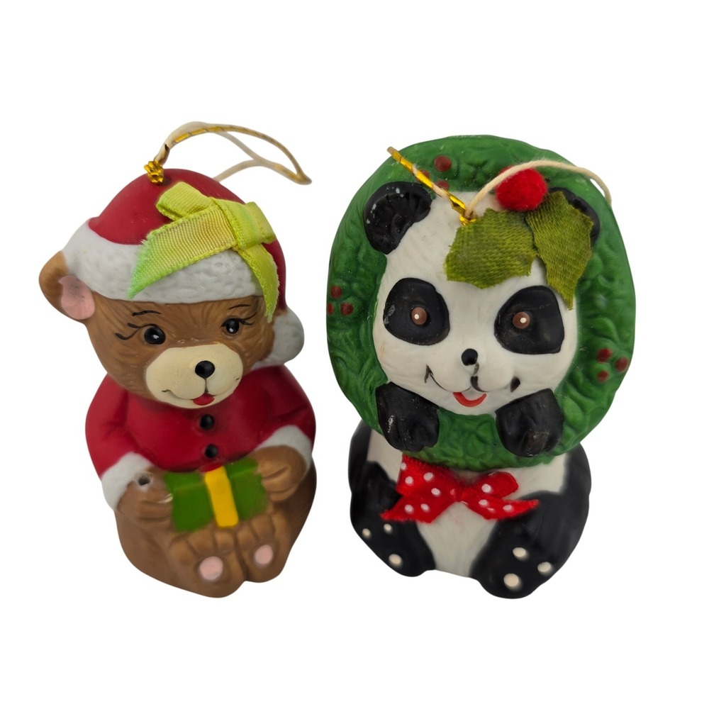 1986 Giftco Panda Bear & Christmas Bear Porcelain‎ Bell Ornaments Taiwan VTG